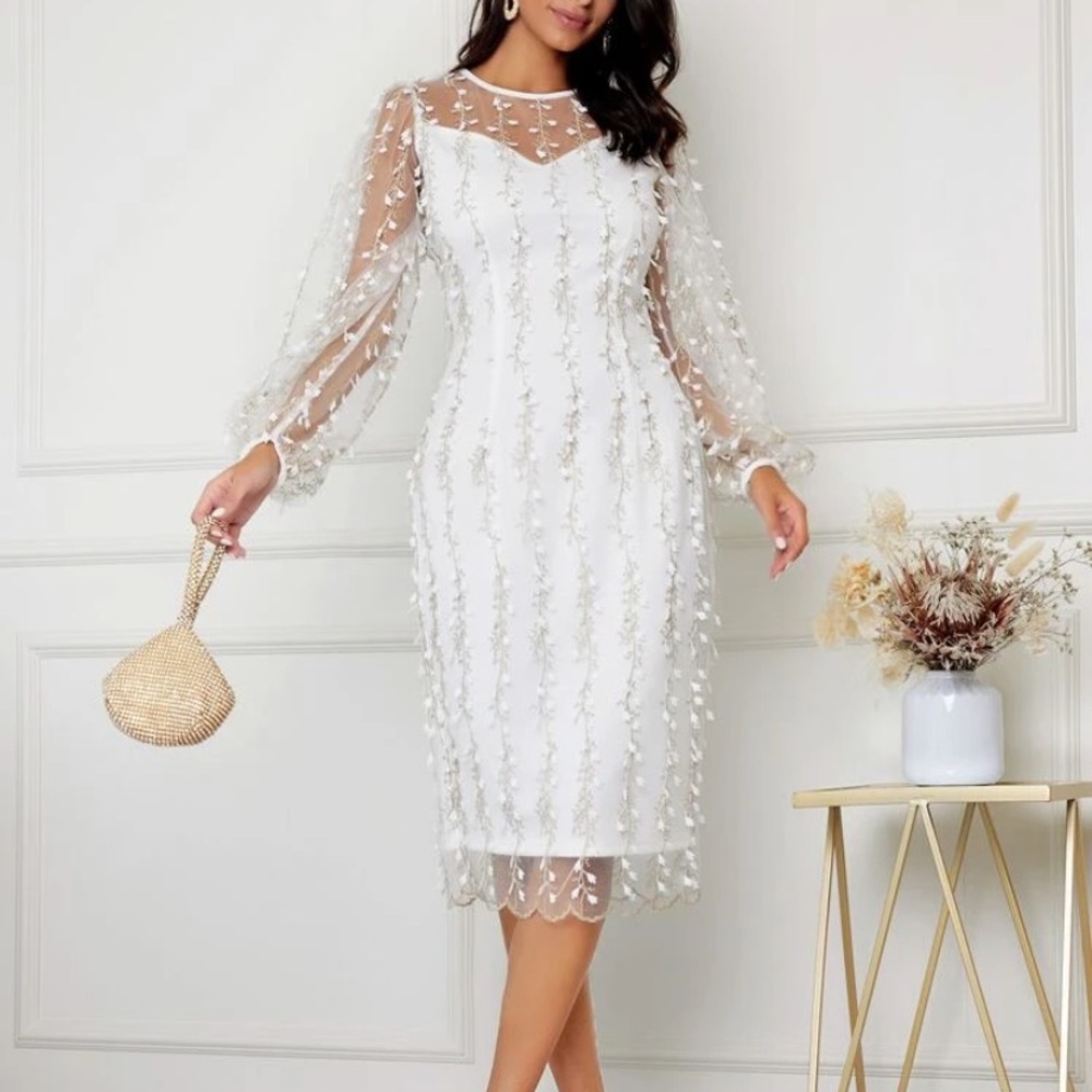 (SOLD) New Embroidery Mesh Detail Bishop Sleeve Dress
